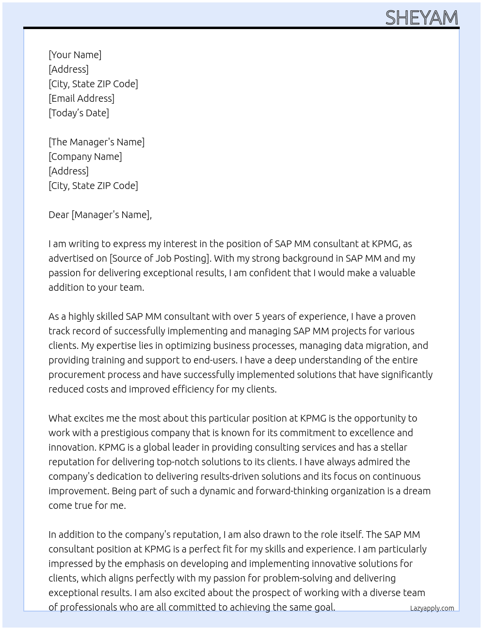 SAP MM consultant At KPMG Cover Letter