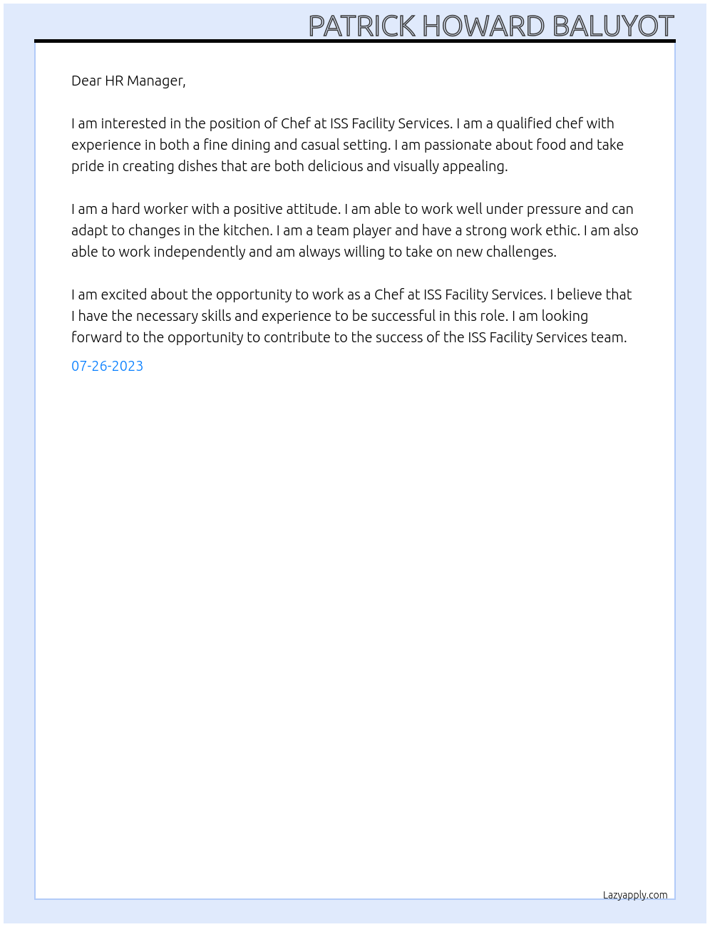 Chef At ISS Facility Services Cover Letter