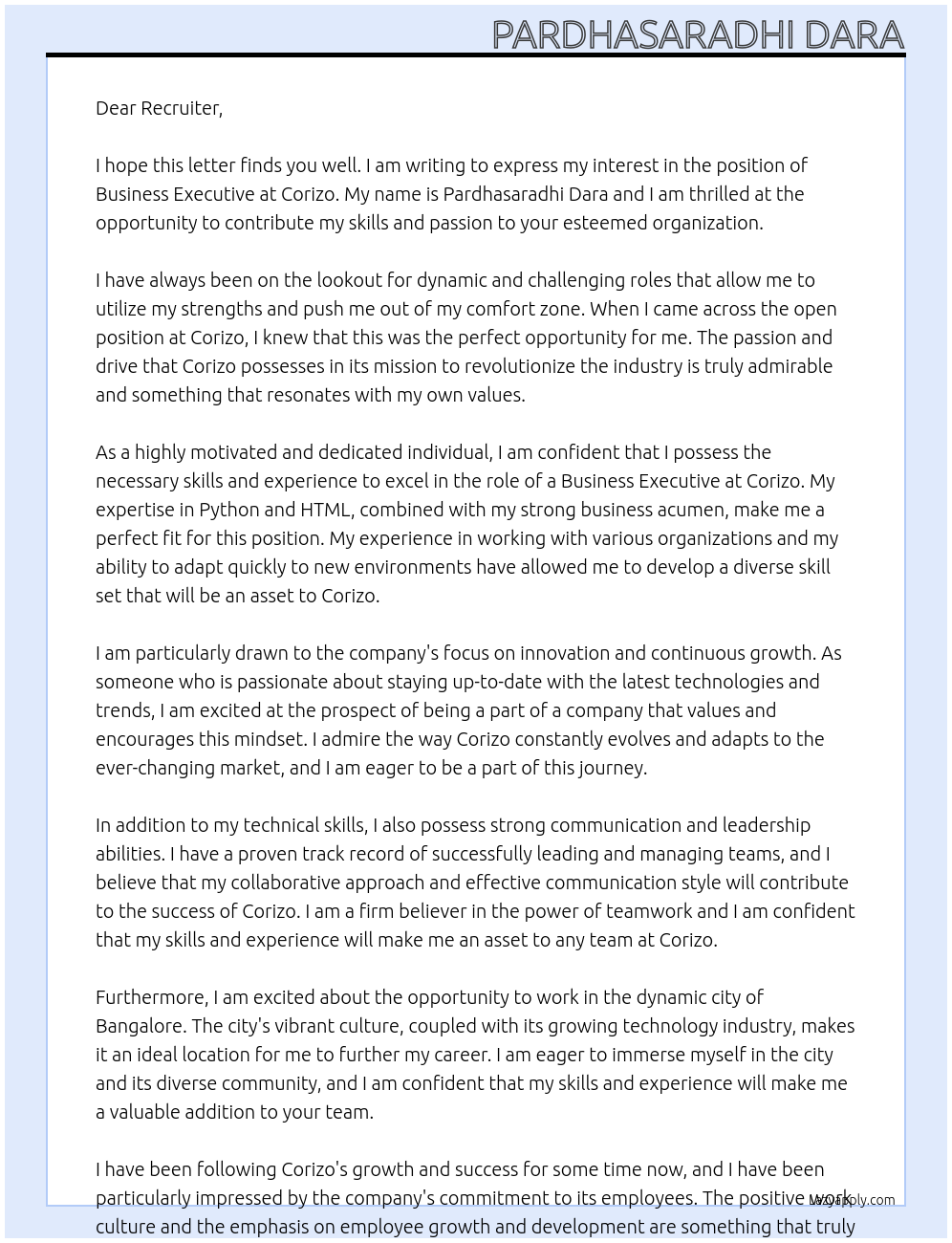 Business Executive At corizo Cover Letter