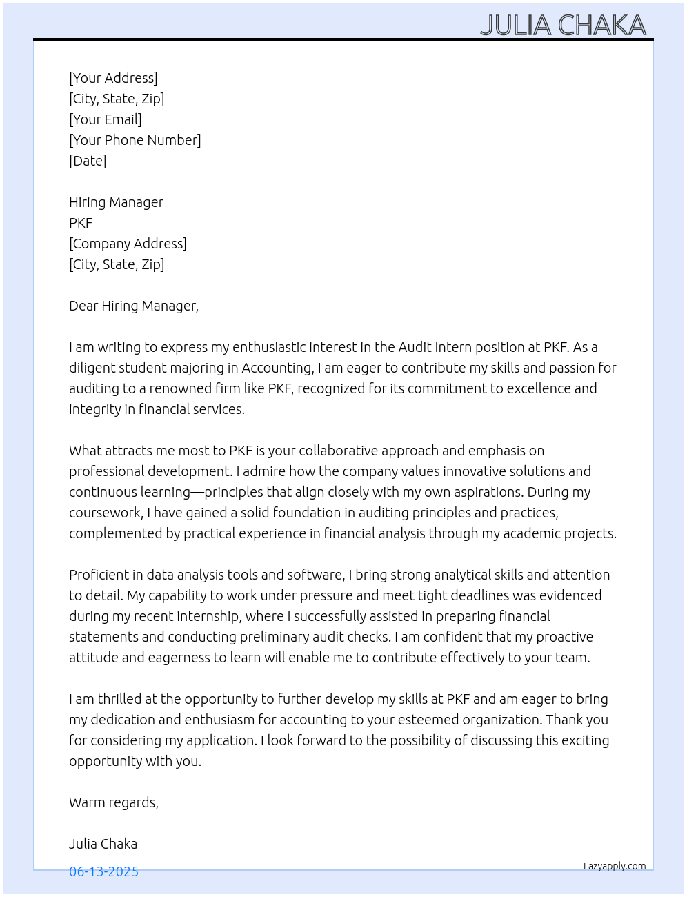 Audit intern At PKF Cover Letter