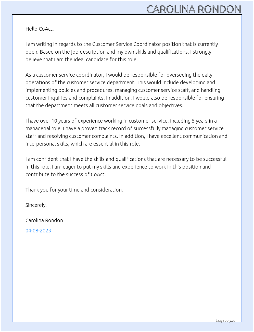 Customer Service Coordinator At CoAct Cover Letter