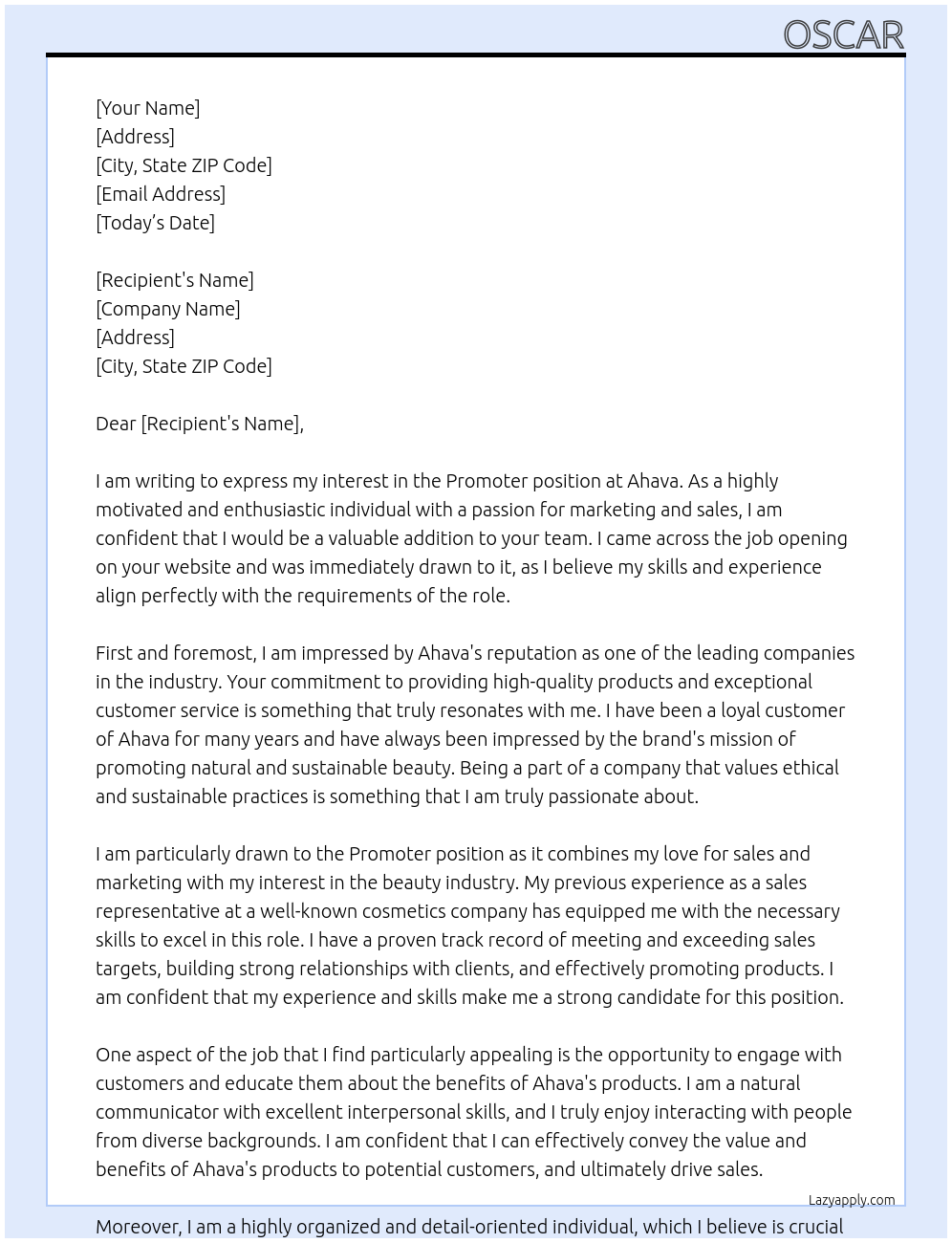 Promoter At Ahava Cover Letter