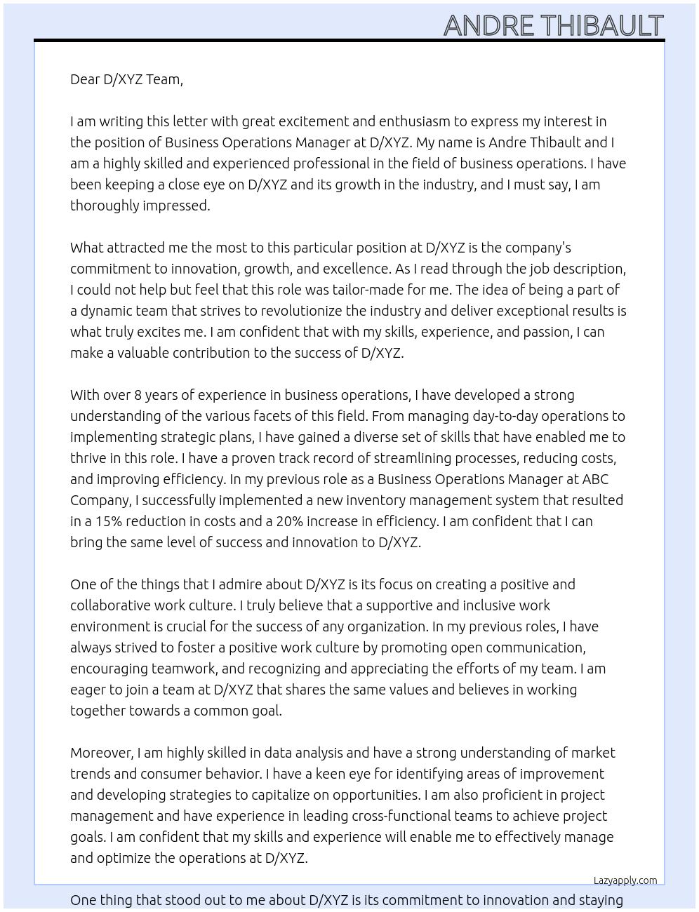 Cover letter for business operations manager - LazyApply