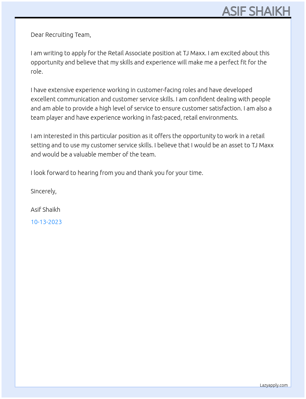 Retail Associate At TJ Maxx Cover Letter