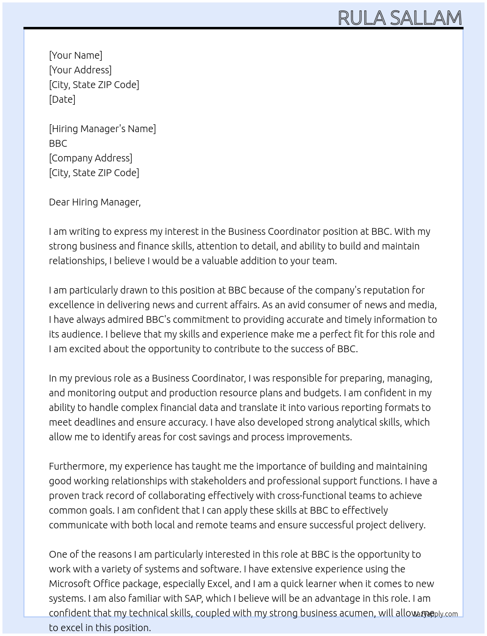 BUSINESS COORDINATOR At BBC Cover Letter