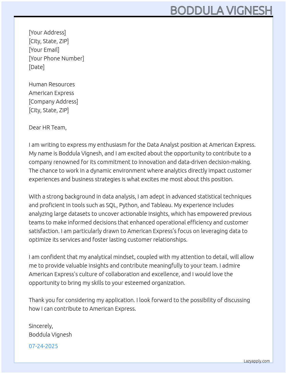 data analyst At american express Cover Letter