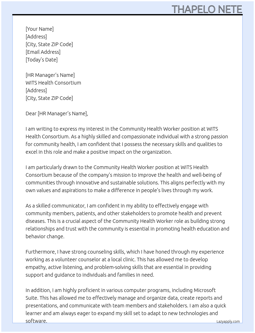 community health worker At WITS HEALTH CONSORTIUM Cover Letter