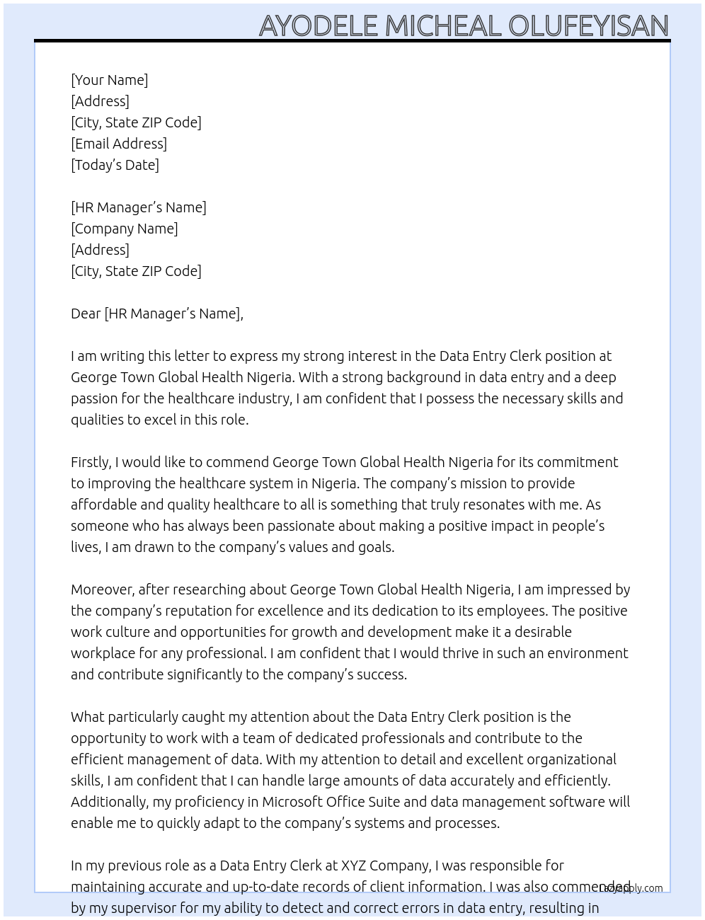 Data Entry Clerk At George Town Global Health Nigeria Cover Letter