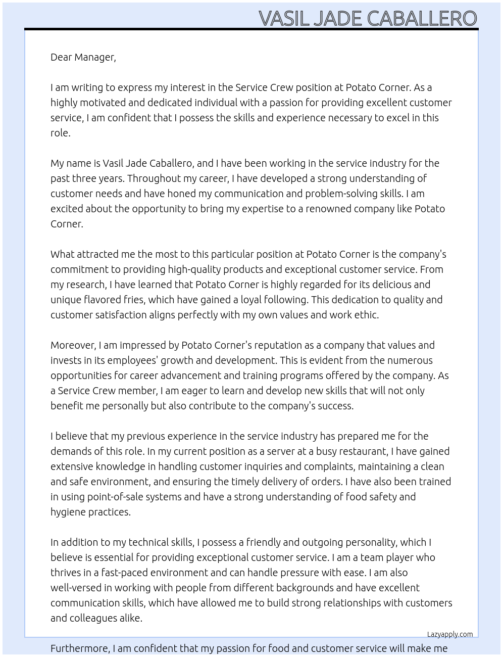 Service Crew At Potato Corner Cover Letter