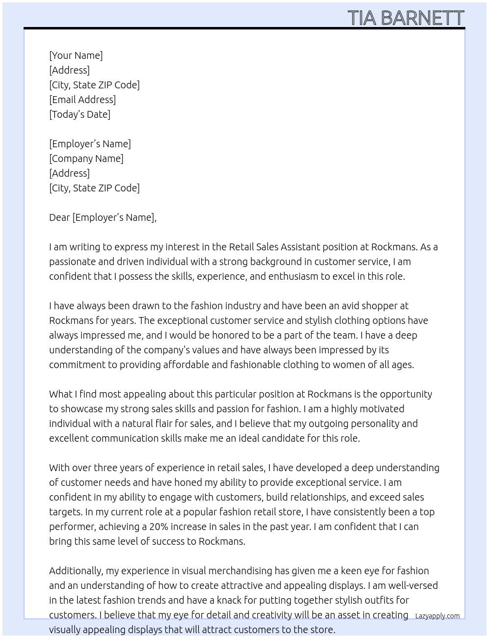 Retail sales assistant At Rockmans Cover Letter