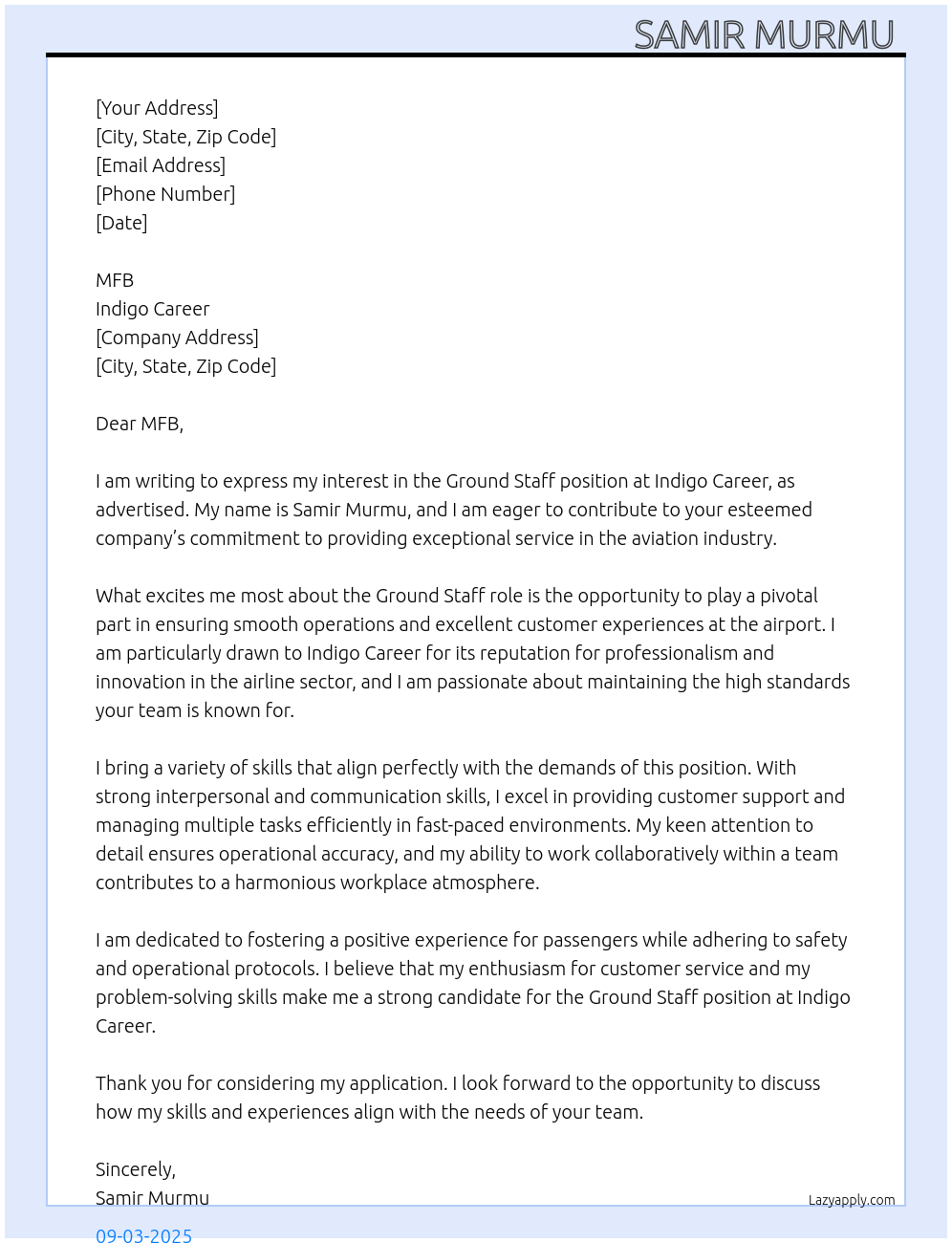 Ground staff At Indigo career Cover Letter