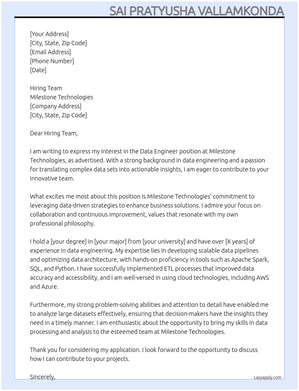 Data Engineer At Milestone Technologies Cover Letter