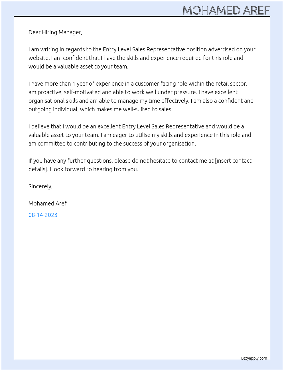 Entry Level Sales Representative At Felix Young Australia Cover Letter