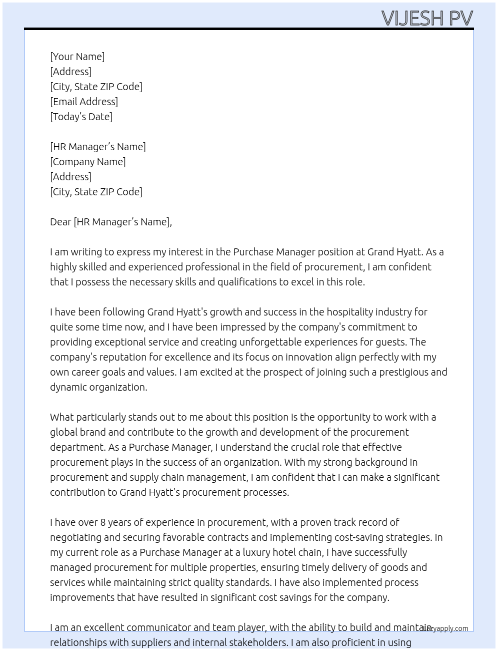 purchase manager At grand hyatt Cover Letter
