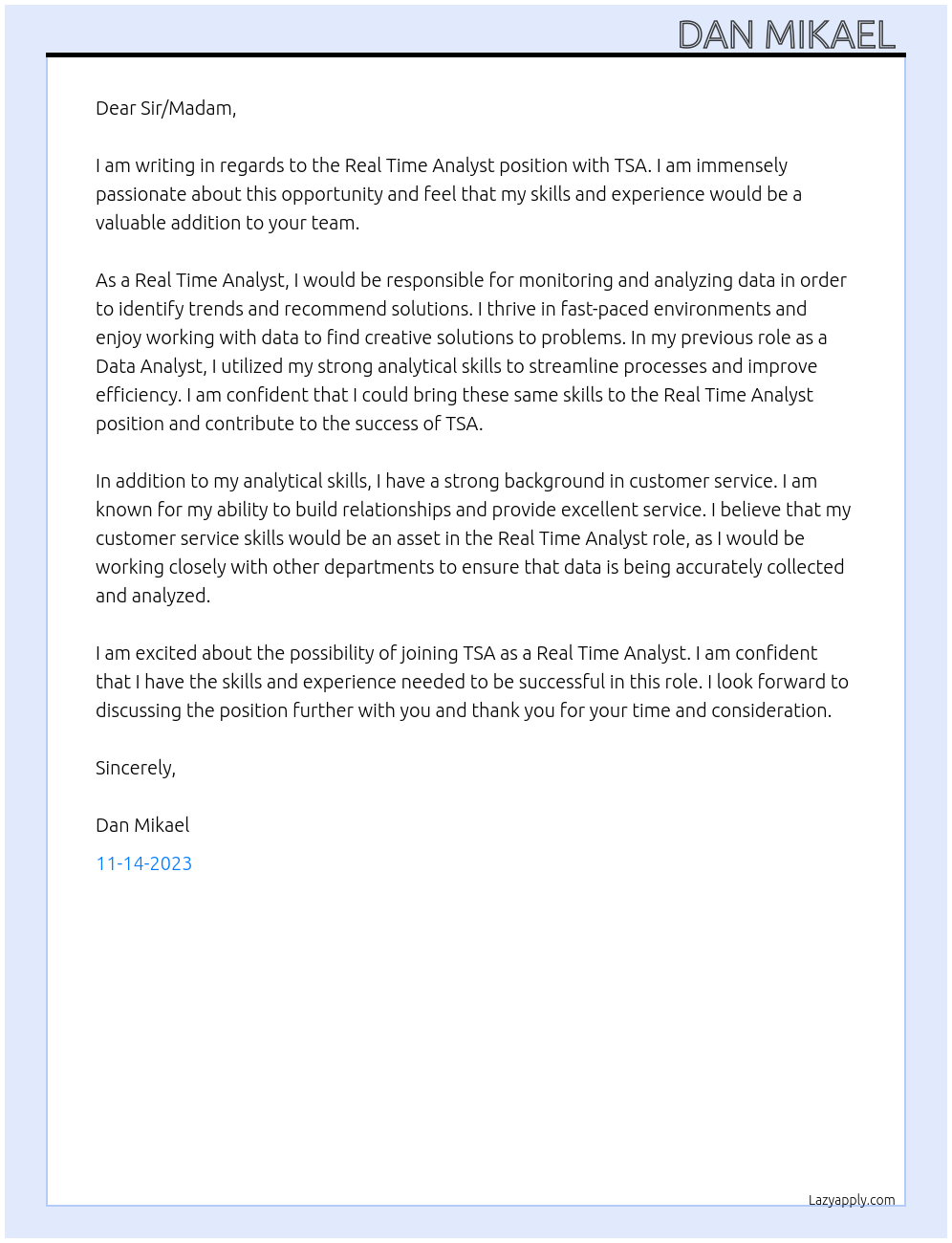 real time analyst At TSA Cover Letter