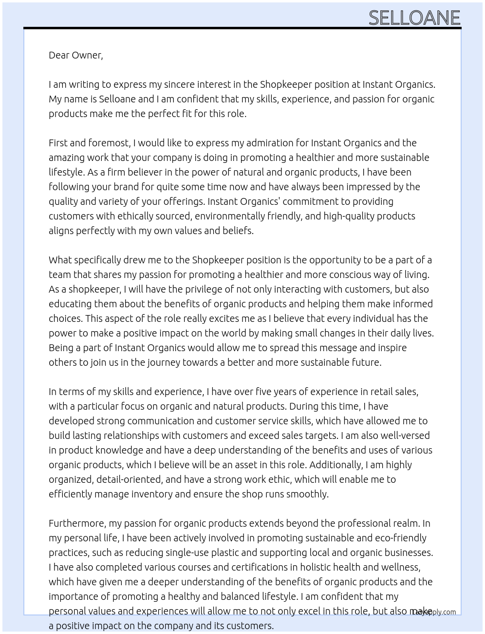 Shopkeeper  At Instant organics  Cover Letter