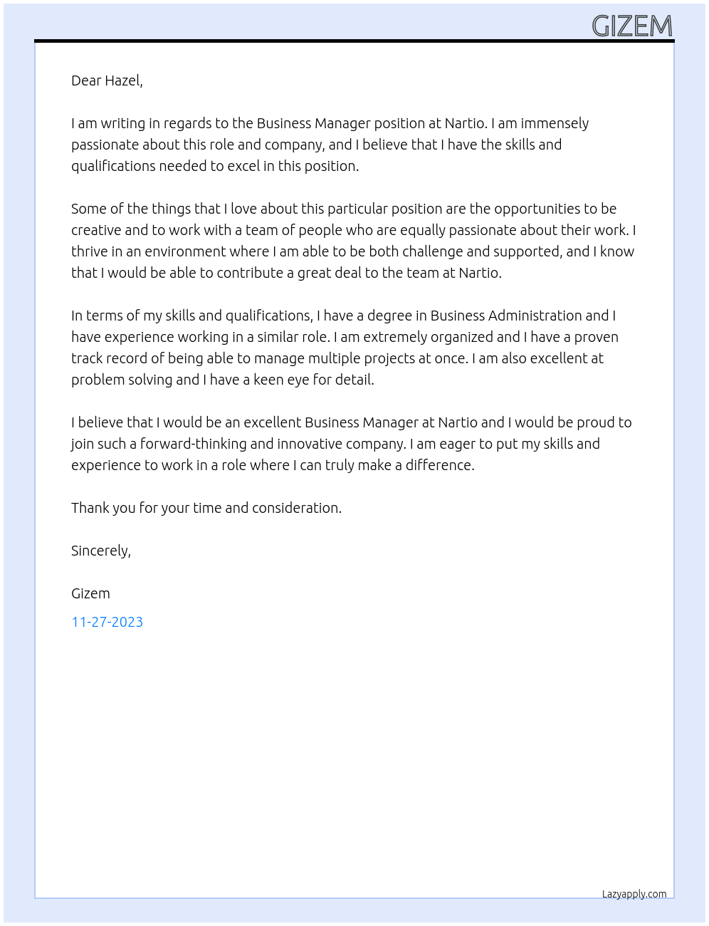 Business Manager At Nartio Cover Letter
