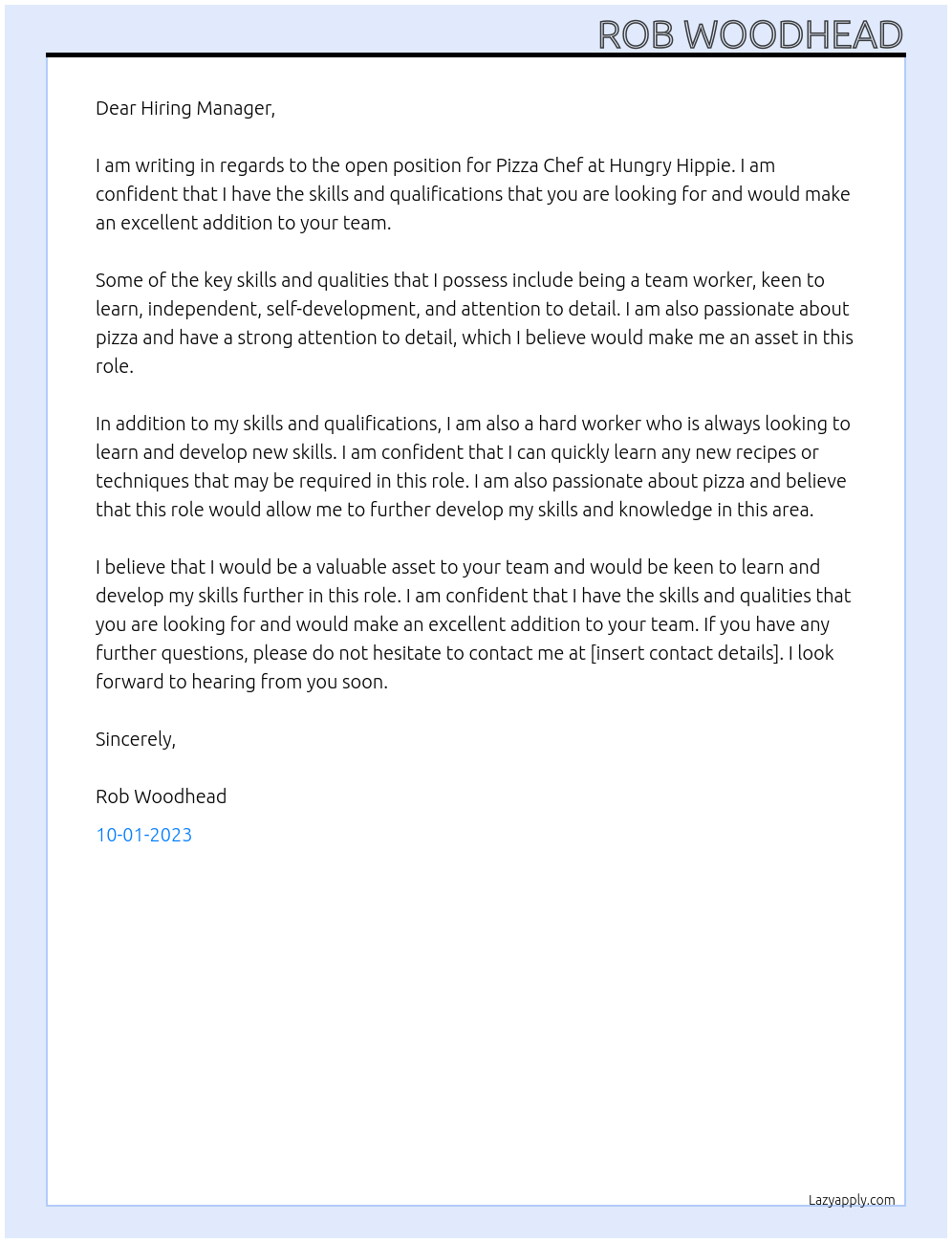 Pizza Chef At Hungry Hippie Cover Letter