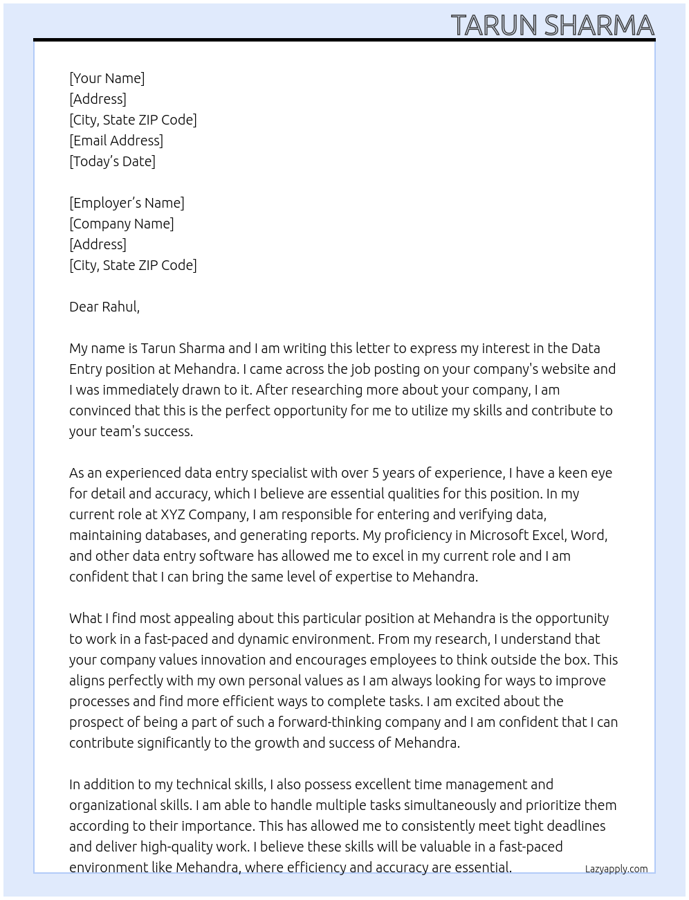 data entery  At mehandra Cover Letter