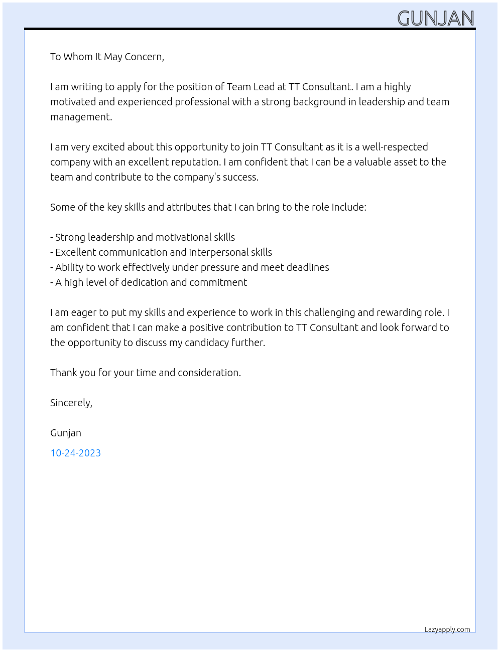 Team lead At TT consulatnt Cover Letter