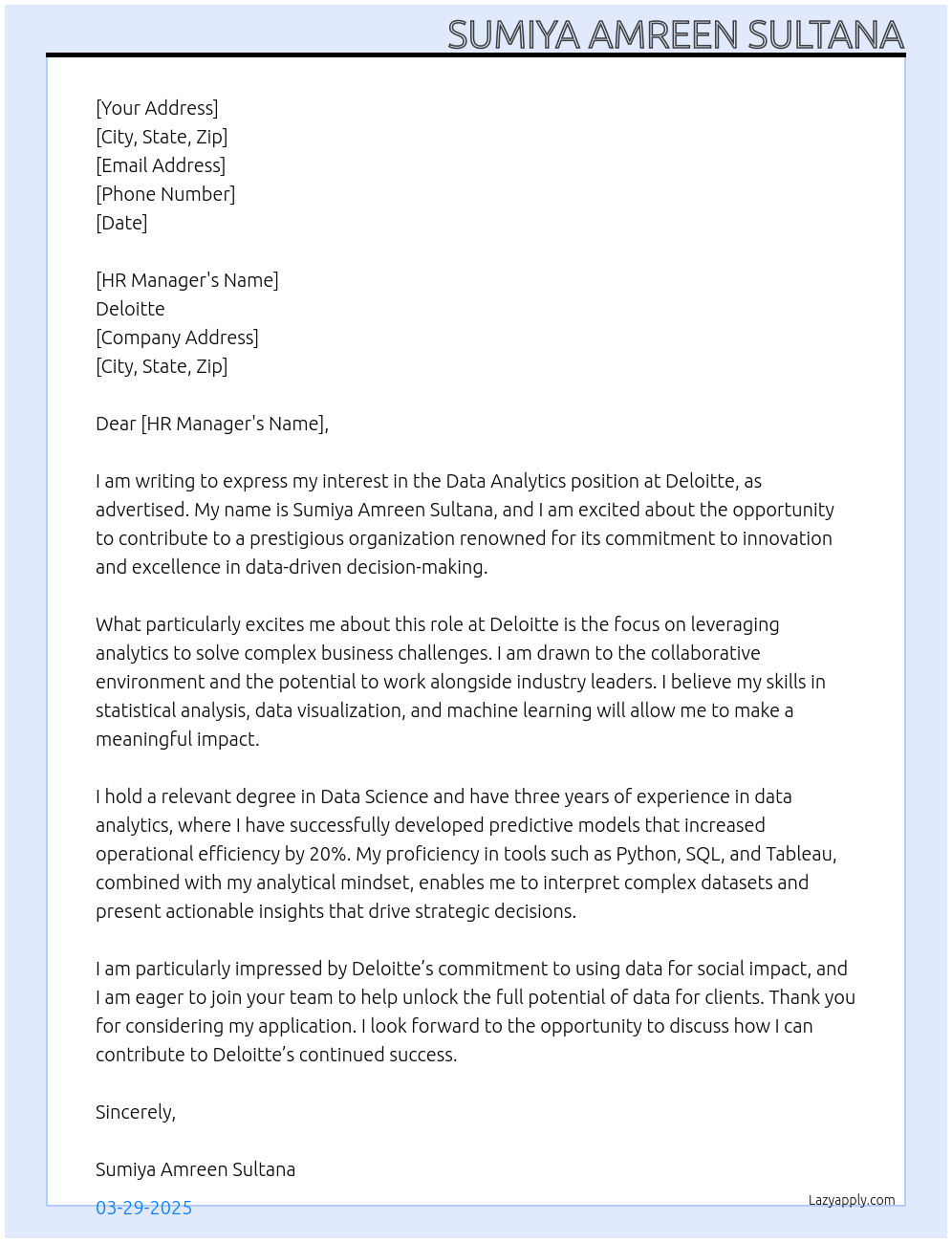 Data analytics  At Deloitte  Cover Letter