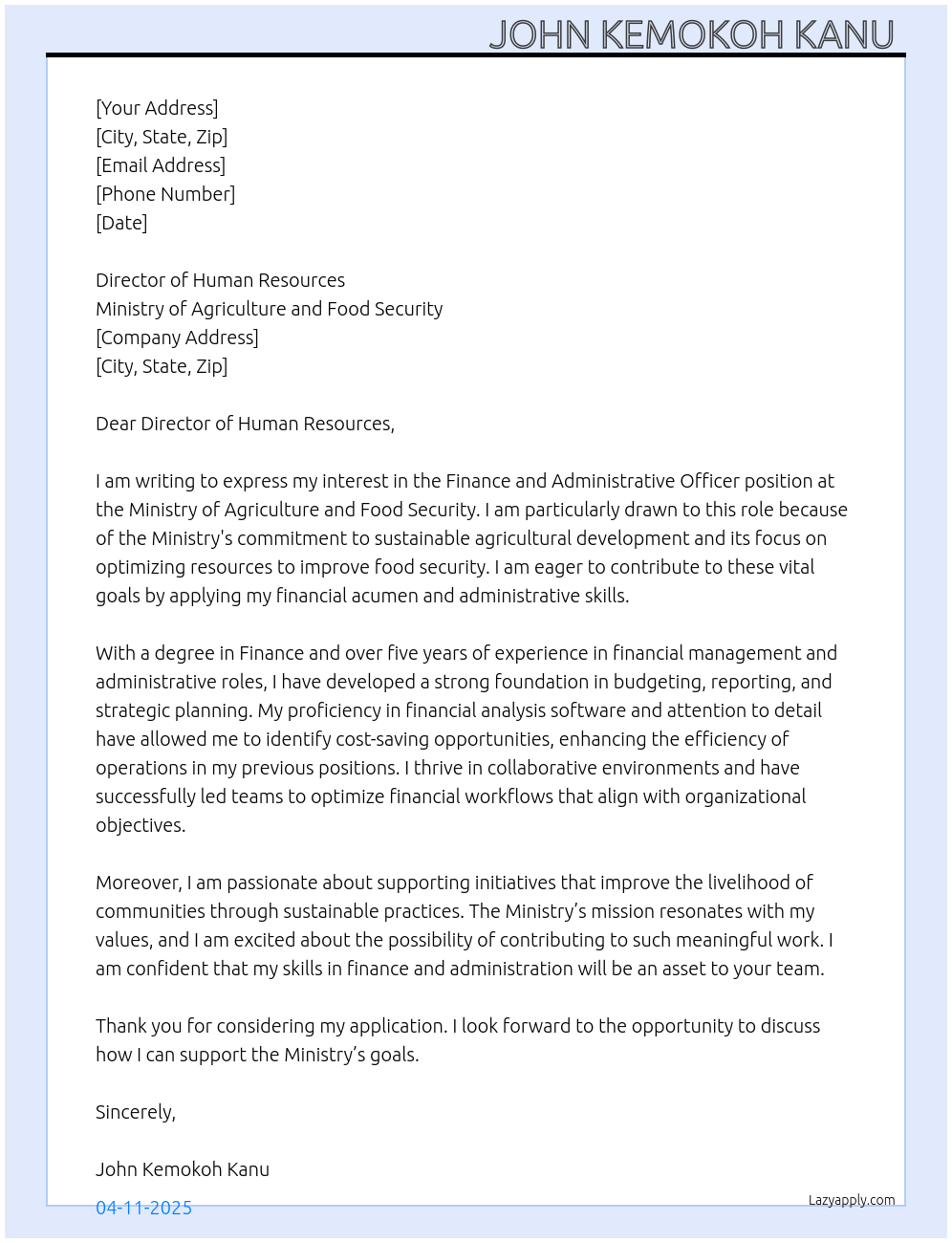 Finance and Administrative Officer At Ministry of Agriculture and Food Security Cover Letter