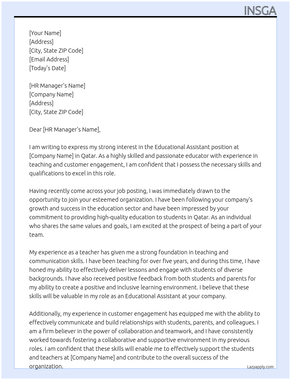 Educational assistant At In qatar Cover Letter