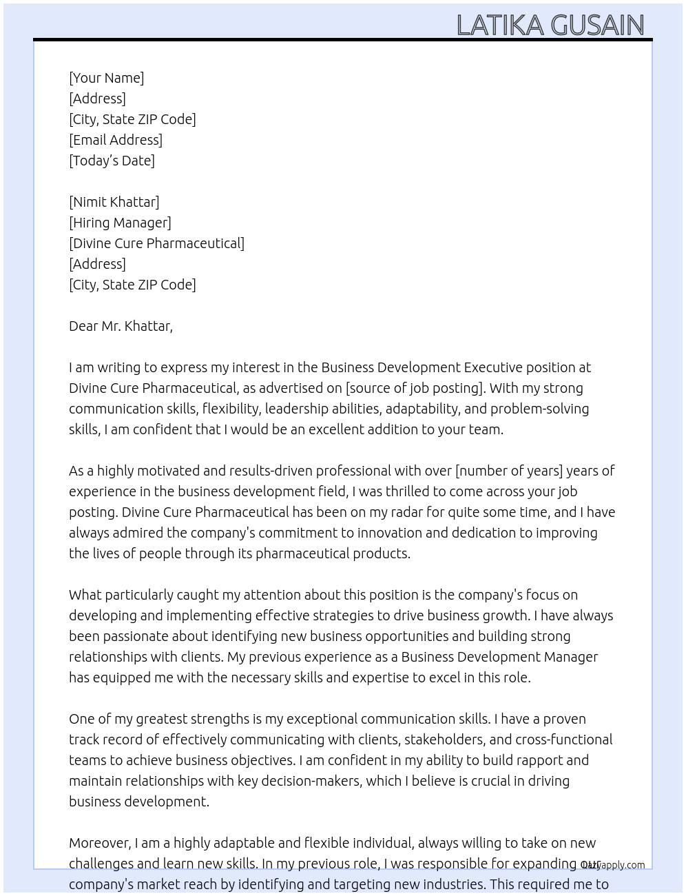 Business development executive At Divine cure pharmaceutical Cover Letter