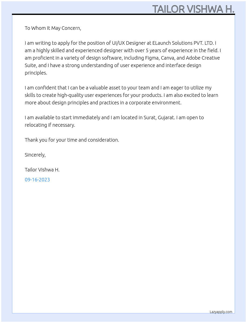 uiux designer At ELaunch SOLUTION PVT. LTD. Cover Letter