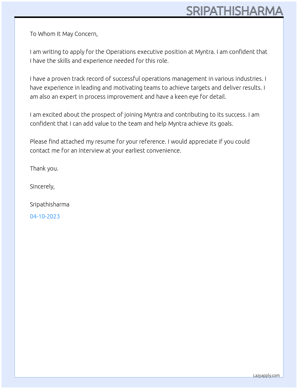 Operations executive At Myntra Cover Letter