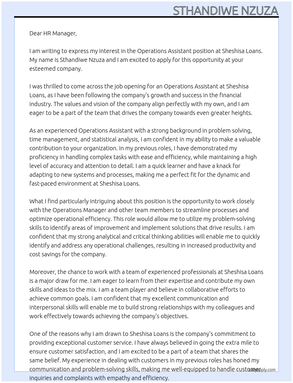 Operations assistant At Sheshisa Loans Cover Letter