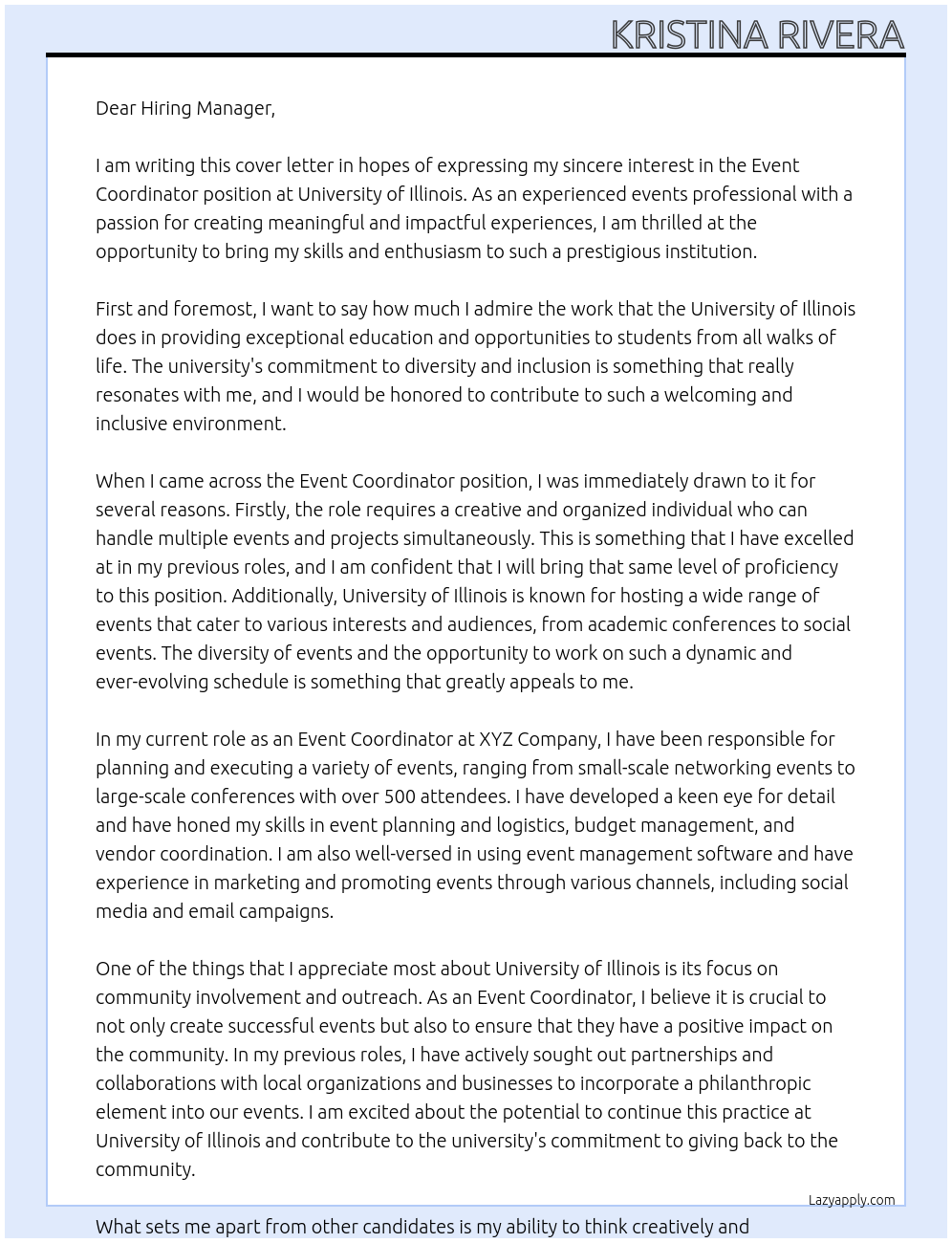 Event Coordinator At University of Illinois Cover Letter