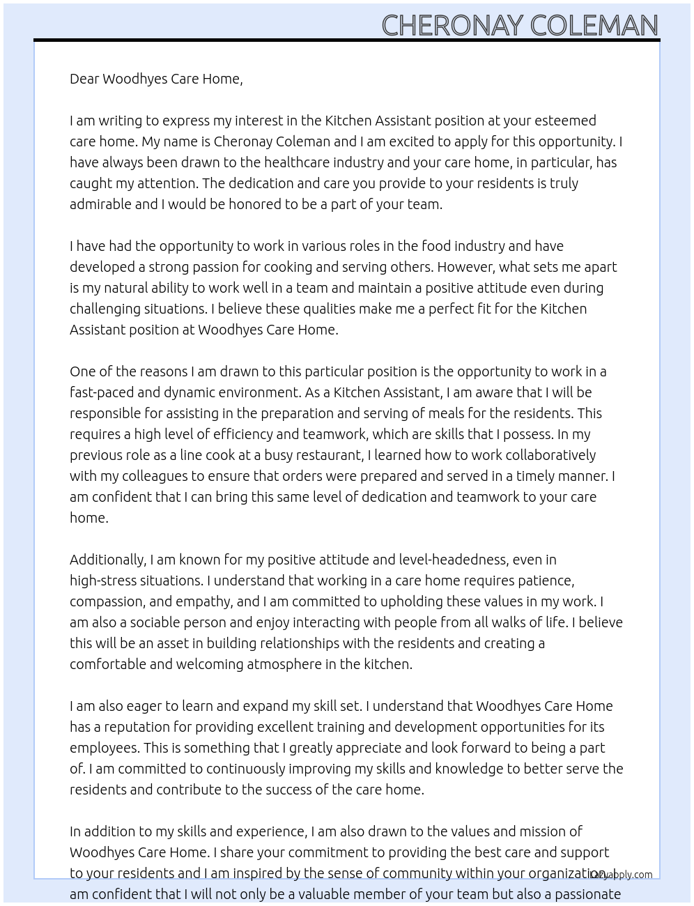Kitchen assistant At Woodhyes care home Cover Letter
