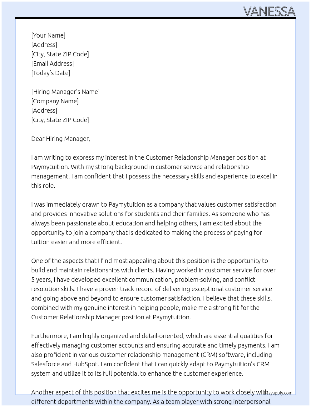 Customer Relationship Manager At Paymytuition Cover Letter