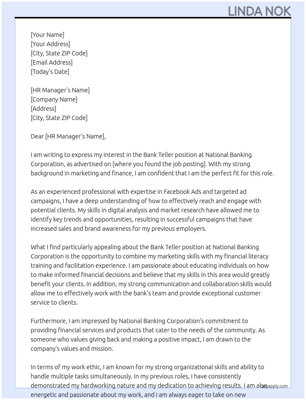 Bank Teller At National Banking Corporation Cover Letter