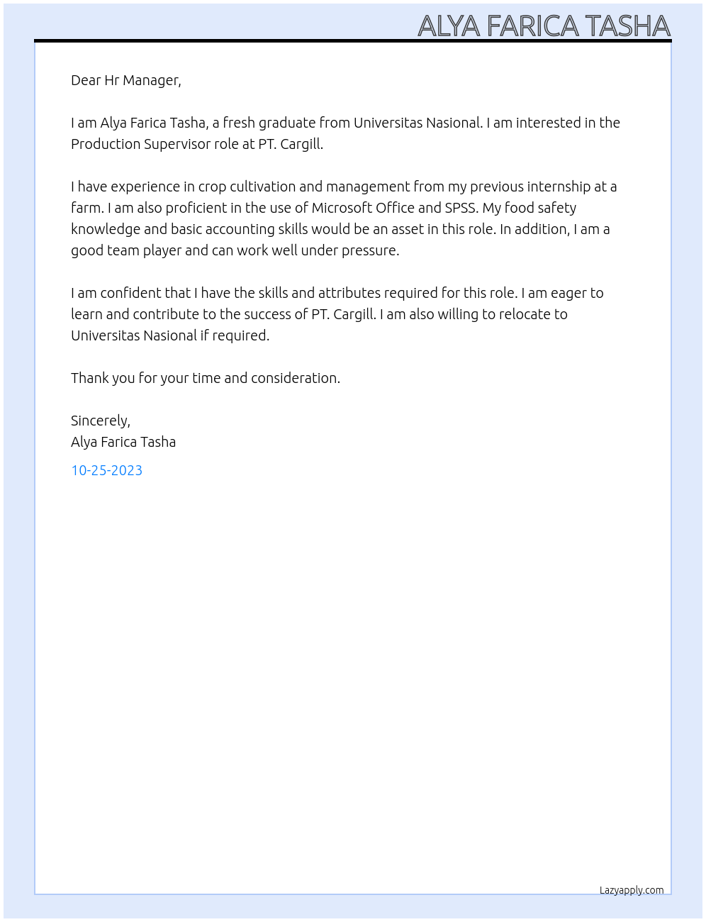 Fresh Graduate At PT. Cargill Cover Letter