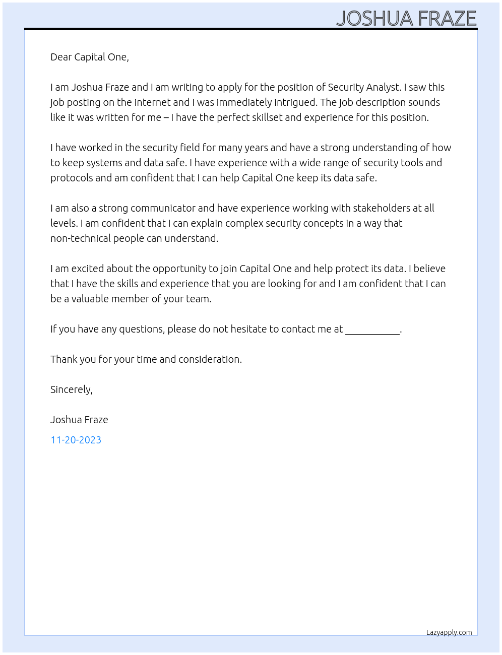 Security Analyst At Capital One Cover Letter