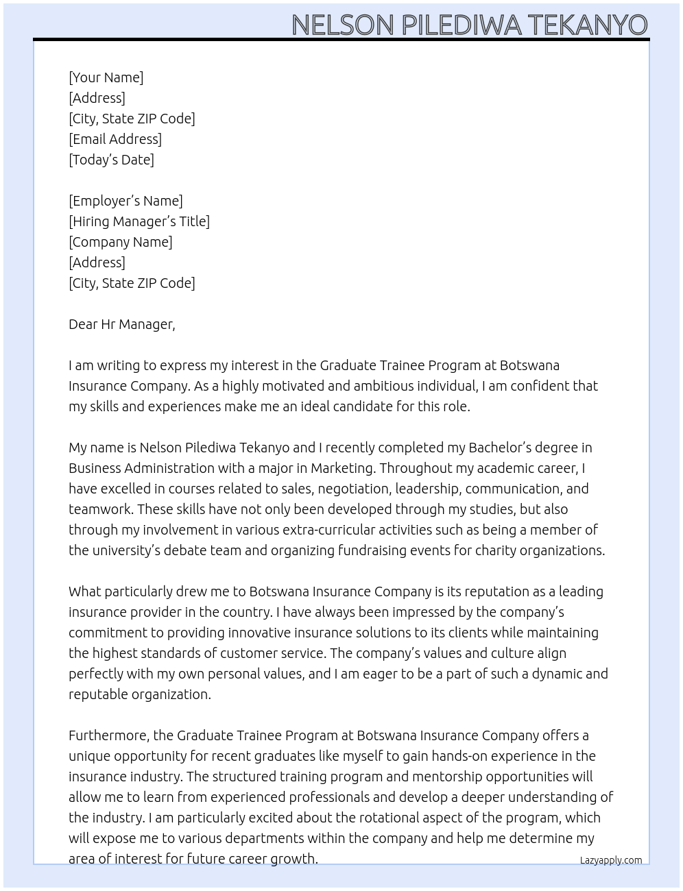 Graduate Trainee Program At Botswana Insurance Company Cover Letter