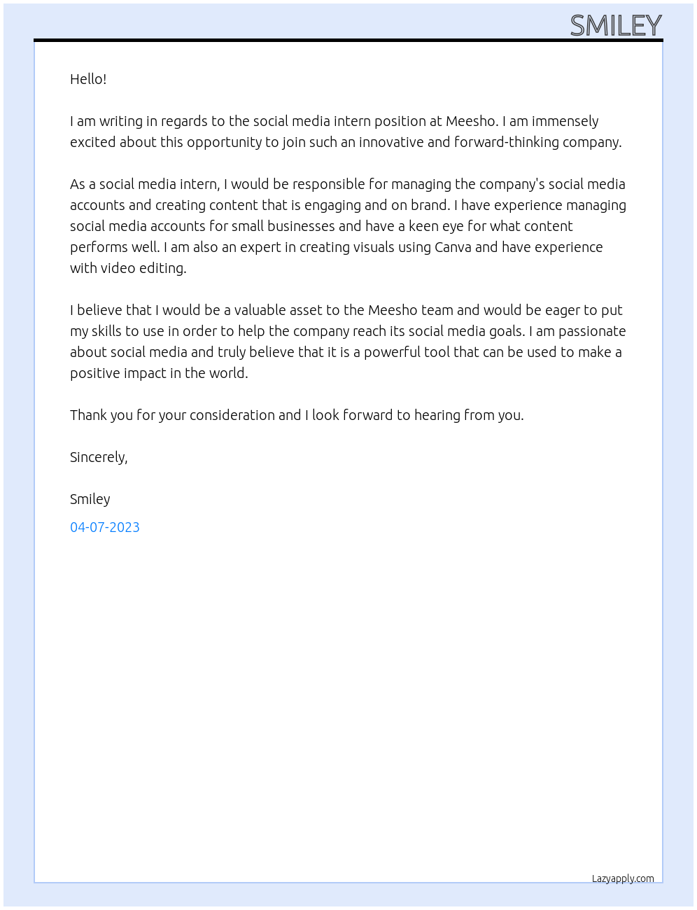 social media intern At meesho Cover Letter