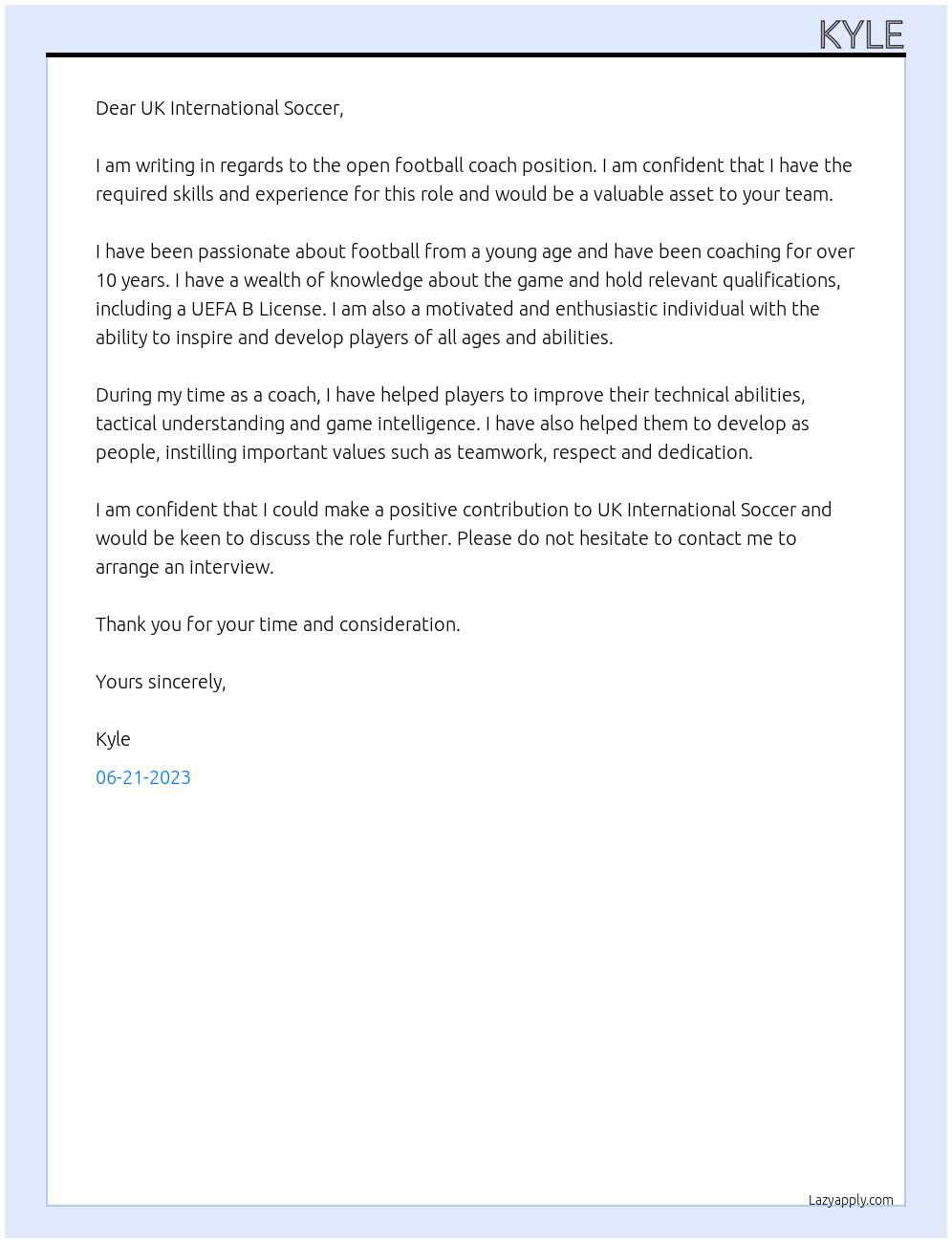 Football coach  At UK International Soccer Cover Letter