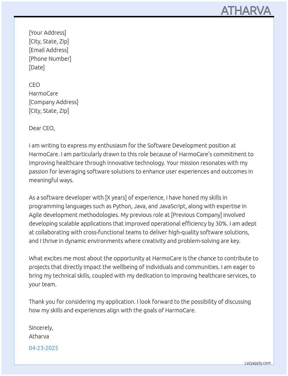 software development At HarmoCare Cover Letter