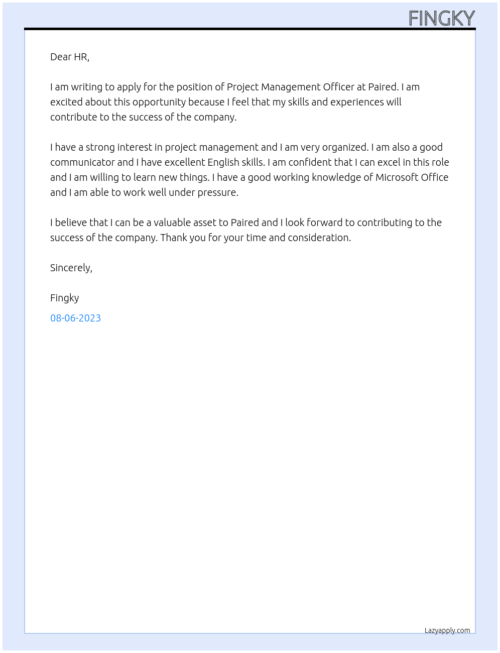 Project Management Officer At Paired Cover Letter