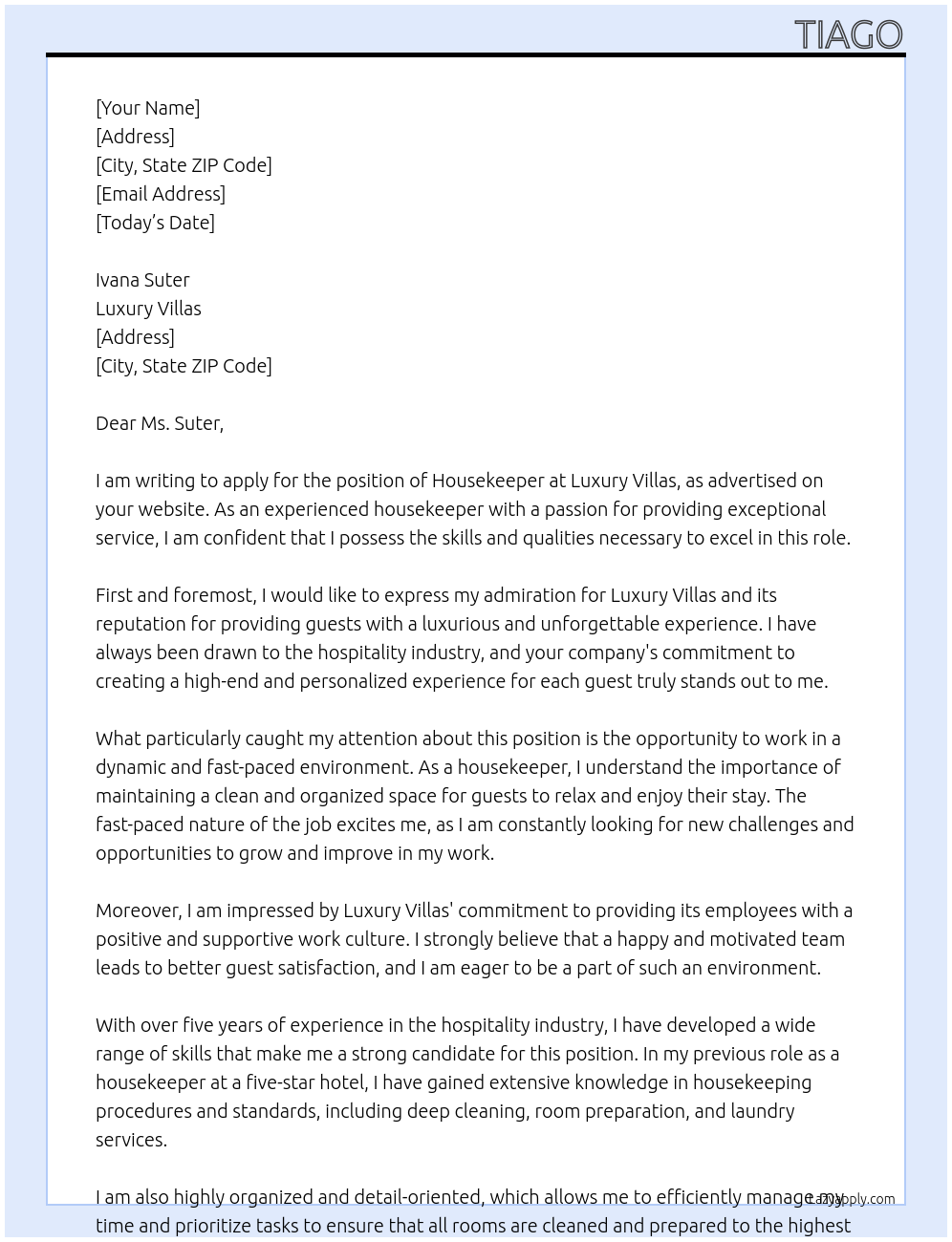 Housekeeper At Luxury Villas Cover Letter