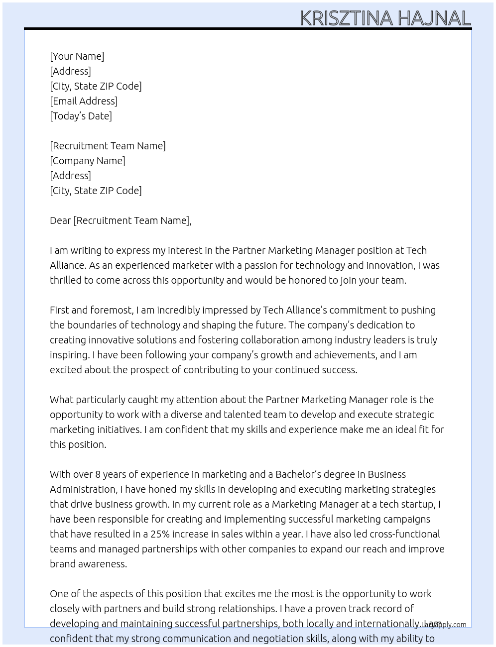 Partner Marketing Manager At Tech Alliance Cover Letter