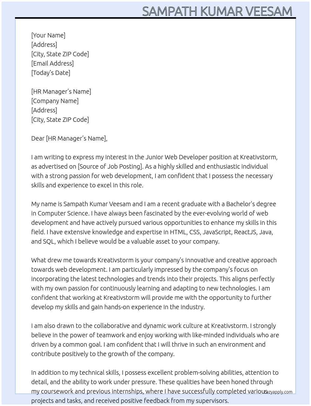 Junior web developer At Kreativstorm Cover Letter