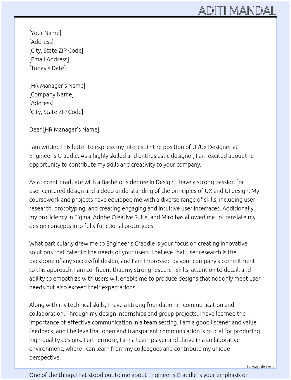 Ui/Ux Designer At Engineer's Craddle Cover Letter