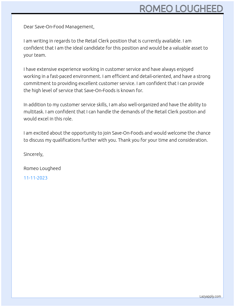 Retail Clerk At Save-On-Foods Cover Letter