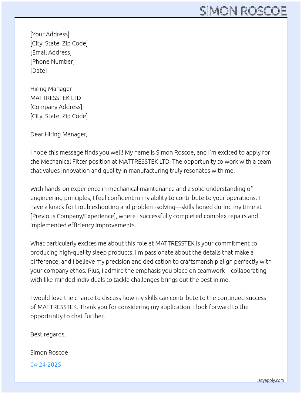 mechanical fitter At MATTRESSTEK LTD Cover Letter