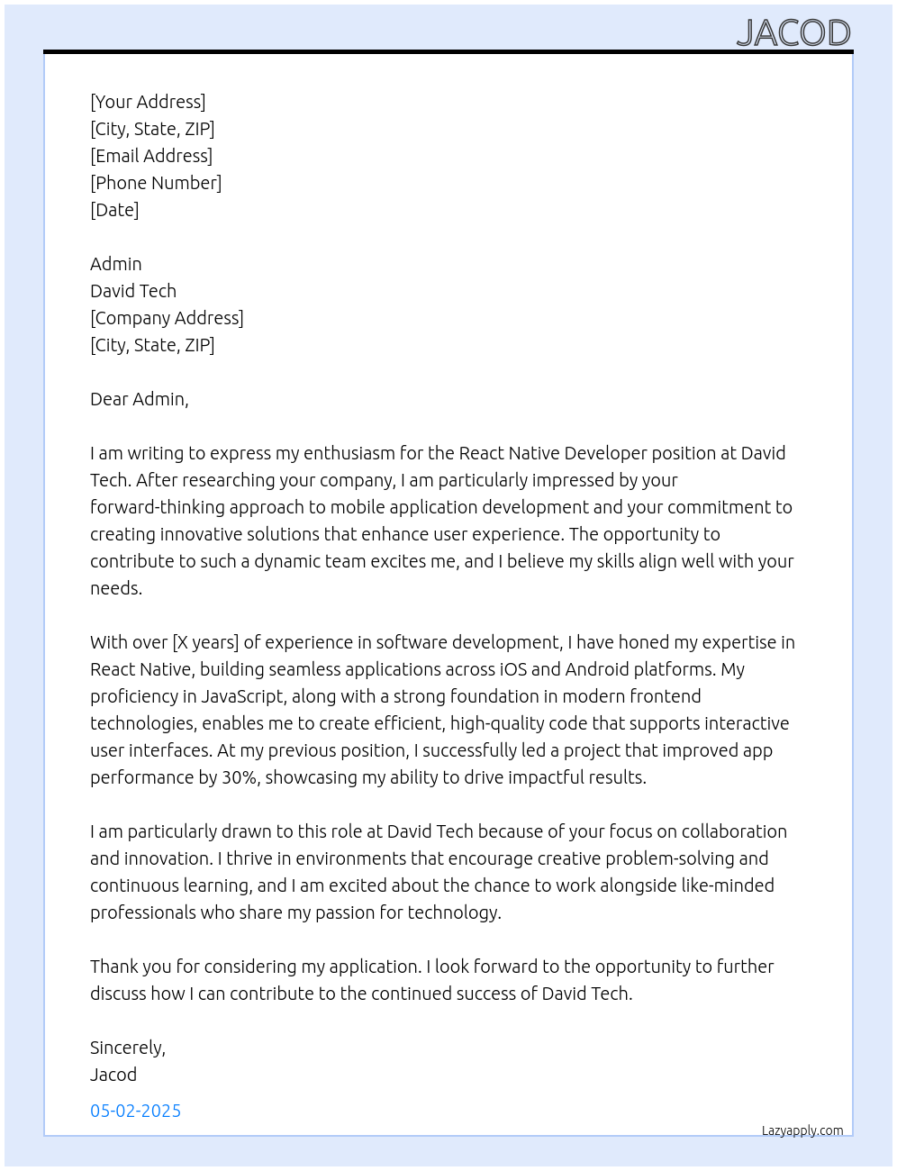 React Native Developer At David Tech Cover Letter