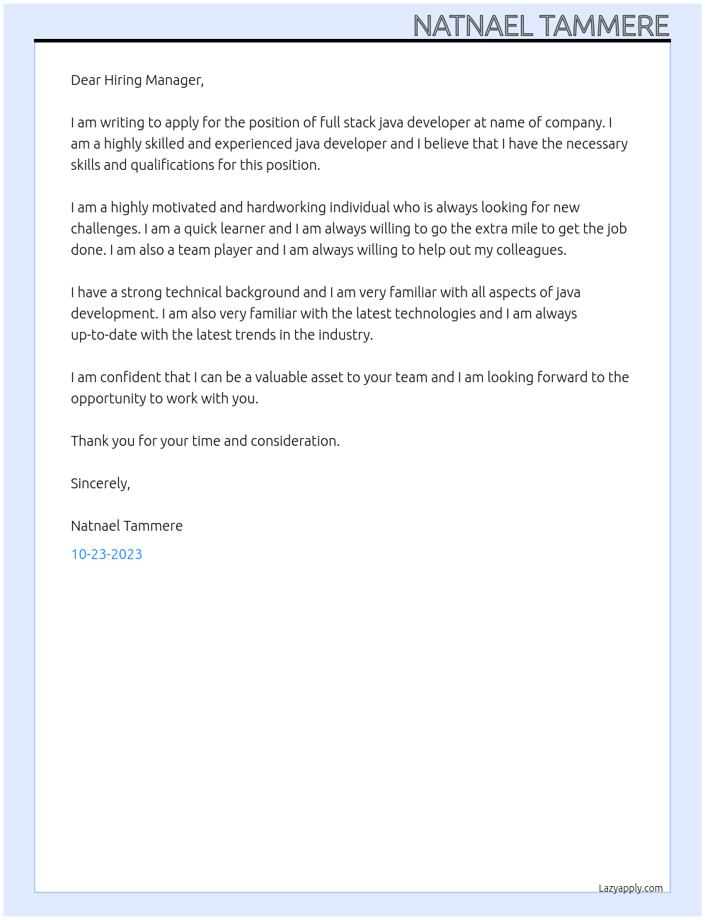 full stack java developer At Dear Hiring Manger Cover Letter